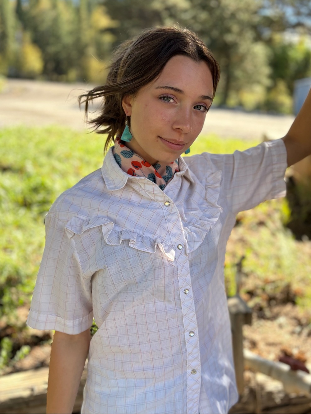 Vintage Pearl Snap Plaid Ruffle Button-Up Top - Women